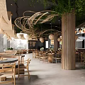 Natural Restaurant Interior Featuring Woven Pendant Lights Wooden Tables Chairs Menu Display And Green Plants