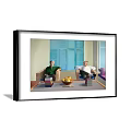 Portrait Painting of Two People Sitting on Chairs with Blue Shutters Fruit Basket and Books