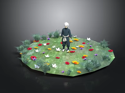 Vibrant Circular Grassy Area With Colorful Flowers And Standing Figure 3d model