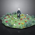 Vibrant Circular Grassy Area With Colorful Flowers And Standing Figure