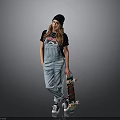 Young Girl In Black Beanie Black T Shirt And Light Blue Overalls Holding Colorful Skateboard