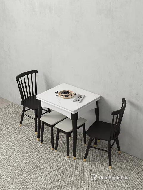 Modern Dining Table Set with White Marble Top Black Slat Back Chairs Light Gray Stools 3d model