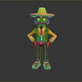 Cartoon Man Wearing Yellow Straw Hat Colorful Vest Blue Pants Standing With Hands On Hips