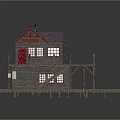 Two Story Wooden House With Red Doors And Windows And Staircase On Elevated Wooden Deck