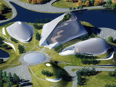 Modern Cultural Center Building with Unique Curved Roofs Surrounded by Water Green Lawns and Trees 3d model