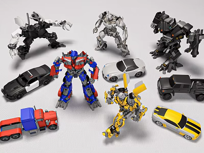 Intelligent Machines Transformers Robots And Car Models In Red Blue Yellow Black Silver 3d model