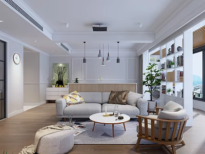 Modern Living Room Interior With Sofa Coffee Table Pendant Lights And Bookshelf 3d model