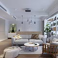 Modern Living Room Interior With Sofa Coffee Table Pendant Lights And Bookshelf