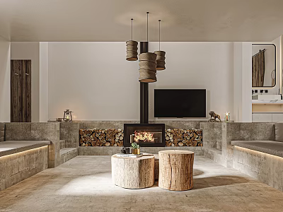 Cozy Boutique Guesthouse Interior With Stone Fireplace Built-in Sofa Wooden Stools And Pendant Lights 3d model