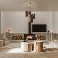 Cozy Boutique Guesthouse Interior With Stone Fireplace Built-in Sofa Wooden Stools And Pendant Lights