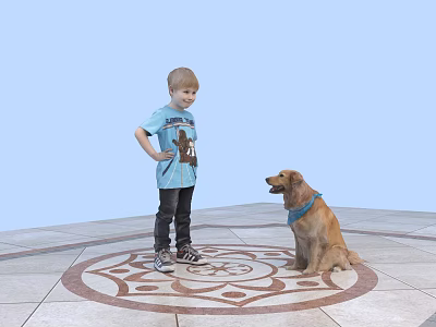 Man with His Son and Golden Retriever on Decorative Floor with Light Blue Background 3d model