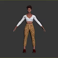 Curly Haired Woman Wearing White Cropped Long Sleeve Top Leopard Pants Red Shoes Grey Background