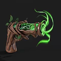 Enchanted Weapon With Wooden Handle Decorated Vines Leaves And Green Glowing Spiral Energy