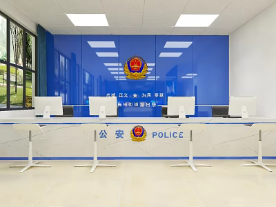 Public Security Police Service Hall Interior with Modern Workstations and Desks 3d model