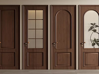 Classic Wooden Swing Doors With Glass Panels Arched Top And Plant Decoration Design 3d model