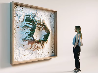 3D Textured Natural Mountain Landscape Wall Decor with Wooden Frame in Modern Indoor Space 3d model