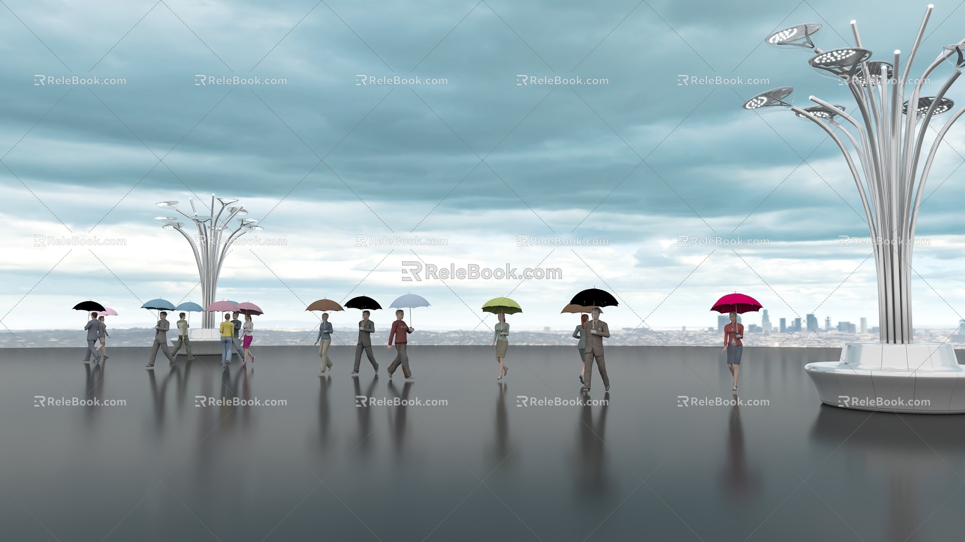 Umbrella People Rainy Days Umbrella Crowd Street Lights Many People 3d model