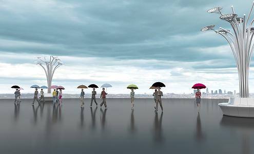 Umbrella People Rainy Days Umbrella Crowd Street Lights Many People 3d model