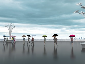 Umbrella People Rainy Days Umbrella Crowd Street Lights Many People 3d model