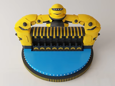 Yellow Robot Shaped Amusement Ride With Blue Circular Base And Black Striped Seats 3d model