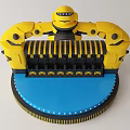 Yellow Robot Shaped Amusement Ride With Blue Circular Base And Black Striped Seats