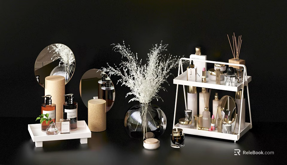 Elegant Bathroom Set With Mirrors Vase Dried Flowers Diffusers And Storage Shelves 3d model