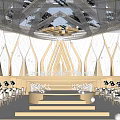 Elegant Banquet Hall With Ornate Ceiling Golden Decor Stage And Floral Arrangements