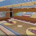 Spacious Basketball Gymnasium Interior With Wooden Floor Green Red Bleachers Scoreboard And Ceiling Lighting