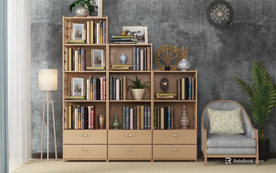 Beige Multi Tiered Bookcase With Drawers Plants Photo Frames And Vases Against Gray Wall 3d model 