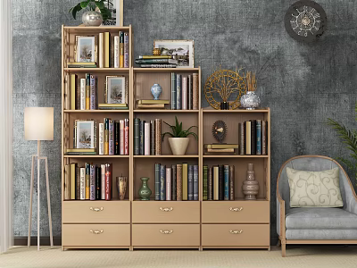 Beige Multi Tiered Bookcase With Drawers Plants Photo Frames And Vases Against Gray Wall 3d model
