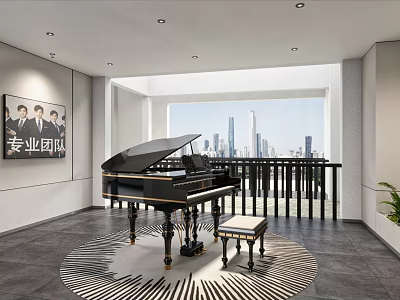 Black Grand Piano and Wall Artwork in Modern Room with City View and Circular Carpet 3d model