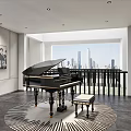 Black Grand Piano and Wall Artwork in Modern Room with City View and Circular Carpet