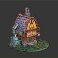 Cartoon Style Cottage With Blue Roof Orange Walls Chimneys And Yellow Window Lights