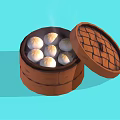Bamboo Steamer With Open Lid And Fresh Steaming White Buns 3d model