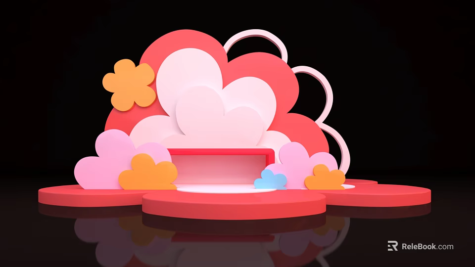 Colorful Cloud And Flower Shaped Display Platform With Pink Red Orange Blue Elements 3d model