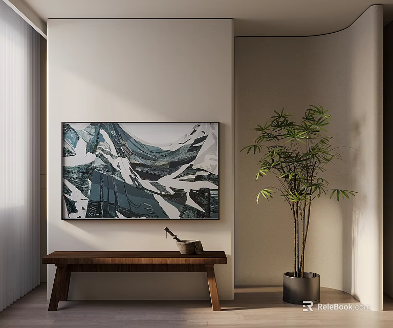 Interior Scene With Abstract Blue White Painting Wooden Bench And Green Plant 3d model 