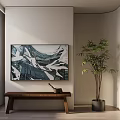 Interior Scene With Abstract Blue White Painting Wooden Bench And Green Plant