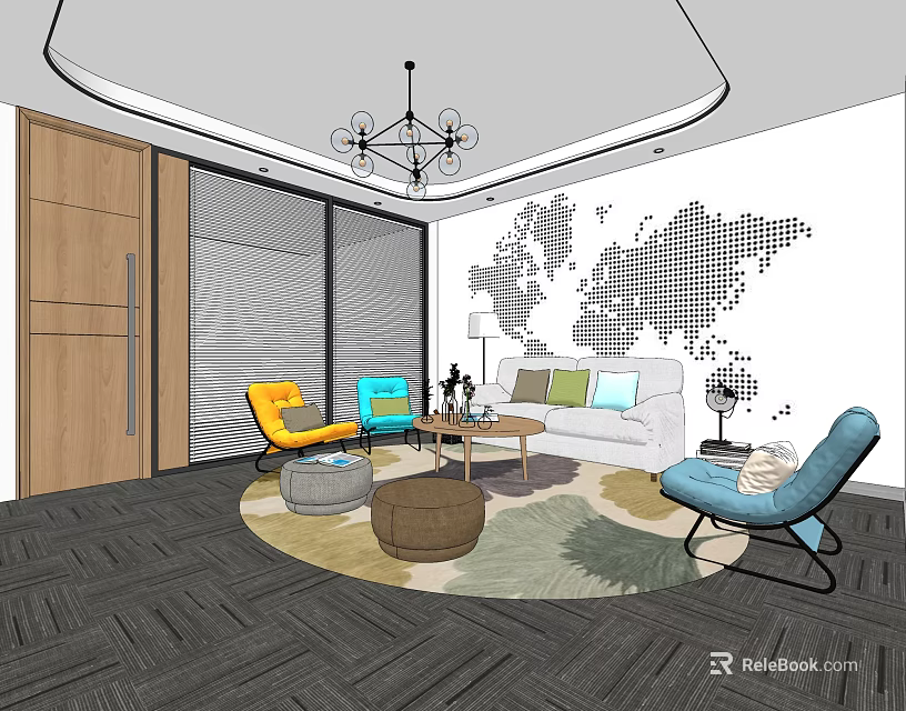 Modern Hotel Public Lounge Area With Colorful Chairs Sofa Round Rug And Chandelier 3d model 