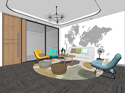 Modern Hotel Public Lounge Area With Colorful Chairs Sofa Round Rug And Chandelier 3d model