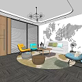 Modern Hotel Public Lounge Area With Colorful Chairs Sofa Round Rug And Chandelier