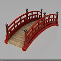 Red Arch Bridge With Red Railings Black Spherical Finials And Wooden Deck