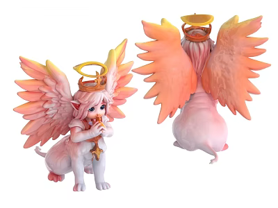 Decorative Ornament Set With Angel Figurine Holding Key Halo Wings Pink Orange Gold 3d model