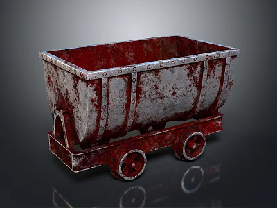 Vintage Mine Cart Featuring Rusty Red and Gray Metal Body with Wheels on Dark Surface 3d model