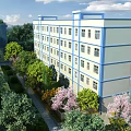 Modern School Building with Multi Story Design Surrounded by Trees and Gardens