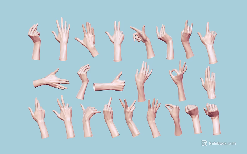 Woman's Hands Displaying Various Gestures And Poses On Blue Backdrop 3d model 