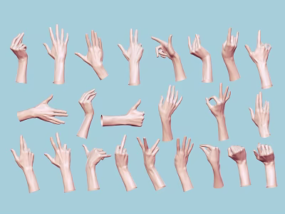 Woman's Hands Displaying Various Gestures And Poses On Blue Backdrop 3d model