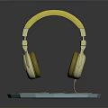 Yellow Headband Headphones With White Earpads On Blue Circular Base Gray Background