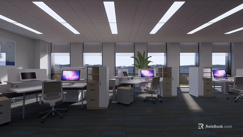 Modern Public Office Area With Desks Computers Filing Cabinets Large Windows And Green Plant 3d model 