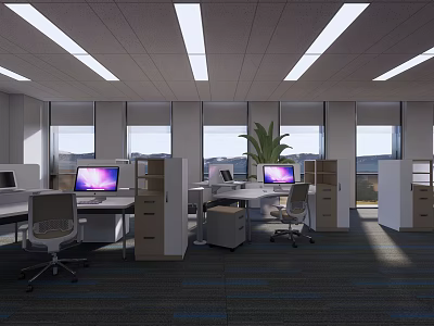 Modern Public Office Area With Desks Computers Filing Cabinets Large Windows And Green Plant 3d model