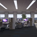 Modern Public Office Area With Desks Computers Filing Cabinets Large Windows And Green Plant